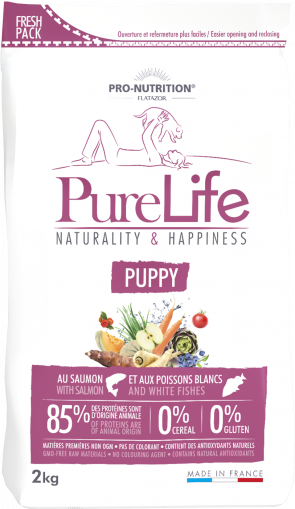 Pure Life DOG PUPPY 2 кг - Пълноценна храна за малки кученца и кучета в напреднала бременност, както и за кърмещи кучета, без зърнени култури, без глутен, с 85% животински протеин. Подходяща и за чувствителни кученца. Произведена във Франция.