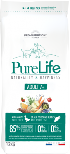 Pure Life DOG ADULT 7+ - Пълноценна храна за пораснали кучета от всички породи, над 7-годишна възраст 12 kg, без зърнени култури, без глутен, с 85% животински протеин. Подходяща и за чувствителни кучета. Произведена във Франция.