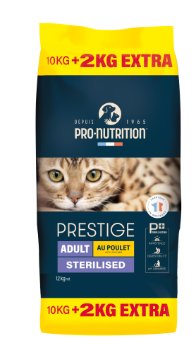 PRESTIGE CAT ADULT STERILISED С ПИЛЕ, ЗА КАСТРАТИ 10 кг + 2 кг гратис - Пълноценна храна за пораснали кастрирани котки и за котки, склонни към напълняване. Произведена във Франция.