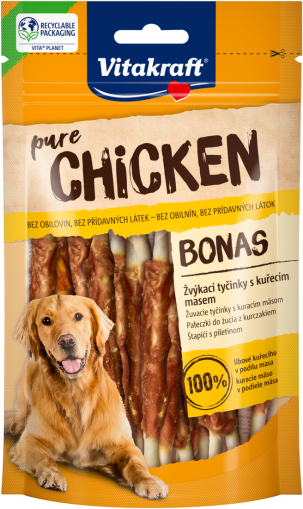 Лакомства за кучета - Vitakraft ® Pure CHICKEN BONAS - Пръчици, обвити в пилешко месо, 100% ПИЛЕ в съдържанието на месо