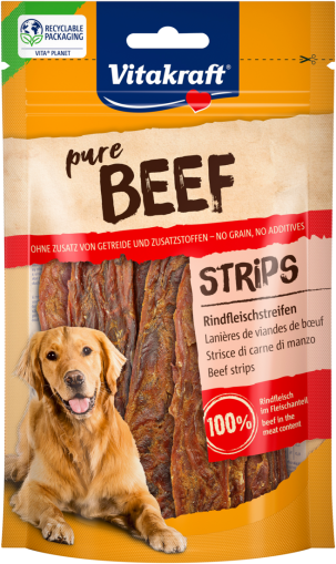 Лакомства за кучета - Vitakraft ® Pure  BEEF Strips - Ленти от ГОВЕЖДО месо, 100% ГОВЕЖДО в съдържанието на месо