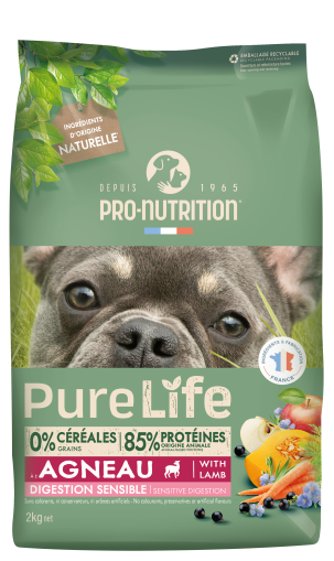 Pure Life Dog ADULT with Lamb 2 кг - Пълноценна храна за пораснали кучета С ЧУВСТВИТЕЛНО ХРАНОСМИЛАНЕ, с АГНЕ. Подходяща за кучета от всички породи на възраст над 1 година. Без зърно, без глутен. Произведена във Франция.