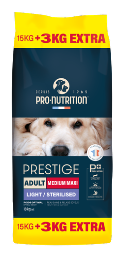  PRESTIGE DOG ADULT MEDIUM/MAXI LIGHT/STERILISED 15 kg + 3 kg гратис - Пълноценна храна за кучета със склонност към напълняване и/или кастрирани кучета, от средни и едри породи. Произведена във Франция. арт. №203560