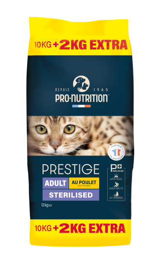 PRESTIGE CAT ADULT STERILISED С ПИЛЕ, ЗА КАСТРАТИ 10 кг + 2 кг гратис - Пълноценна храна за пораснали кастрирани котки и за котки, склонни към напълняване. Произведена във Франция.