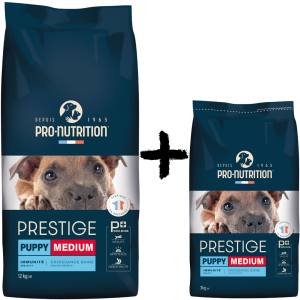 PRESTIGE DOG PUPPY MEDIUM 12 kg + 3 kg подарък - Пълноценна храна за подрастващи кученца от средни породи, както и за женски кучета в края на бременността или в периода на кърмене. Произведена във Франция.
