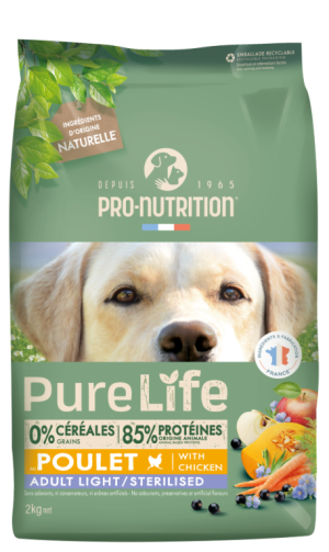 Pure Life Dog ADULT LIGHT and/or STERILIZED with Chicken 2 кг - Пълноценна храна за пораснали кучета със склонност към наднормено тегло и/или кастрирани кучета от всички породи на възраст над 1 година, с ПИЛЕ. Без зърно, без глутен. Производство - Франция