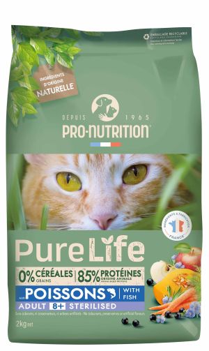 Pure Life for cats STERILIZED 8+  with Fish 2 кг - Пълноценна храна за кастрирани пораснали котки на възраст над 8 години, с риба. Подходящо е да се предлага и на котки със склоност към наднормено тегло. Произведена във Франция.