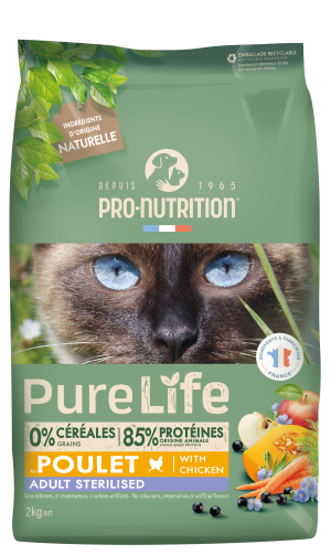 Pure Life for cats STERILIZED with Chicken 2 кг - Пълноценна храна за кастрирани пораснали котки на възраст над 1 г. Подходящо е да се предлага и на котки със склонност към наднормено тегло. С пиле. Произведена във Франция.