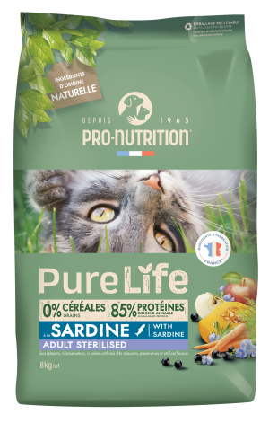 Pure Life for cats STERILIZED with Sardine 8 кг - Пълноценна храна за кастрирани пораснали котки на възраст над 1 г. Подходящо е да се предлага и на котки със склонност към наднормено тегло. Със сардини. Произведена във Франция.