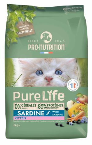 Pure Life for cats „KITTEN“ with Sardine 8 кг -  Пълноценна храна за подрастващи котенца на възраст под 1 г., за котки в напреднала бременност, както и за кърмещи котки, със САРДИНИ. Произведена във Франция.