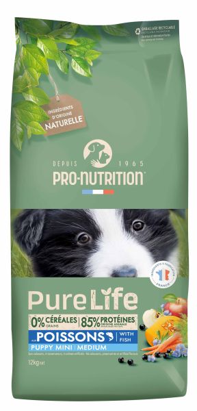 Pure Life Dog PUPPY MINI MEDIUM with Fish 12 kg - Пълноценна храна за подрастващи кучета от дребни и средни породи, под 15 мес, под 25 кг. С риба. Подходяща и за женски кучета в края на бременността или в периода на кърмене. Без зърно, без глутен. Франция