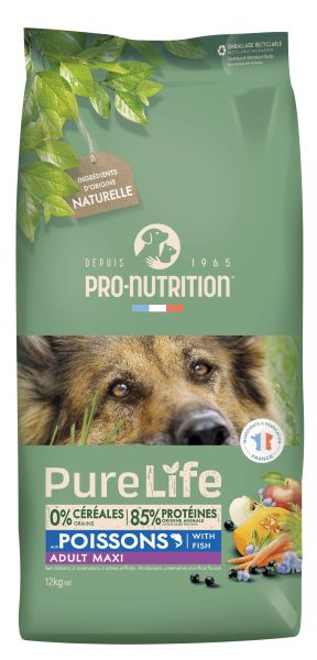 Pure Life Dog ADULT MAXI with Fish 12 кг - Пълноценна храна за пораснали кучета от едри породи на възраст над 15 месеца, с тегло над 25 кг, с РИБА. Без зърно, без глутен. Произведена във Франция.