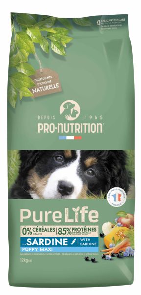 Pure Life Dog PUPPY MAXI with SARDINE 12 кг - Пълноценна храна за подрастващи кучета от едри породи на възраст под 24 месеца, достигащи тегло в зряла възраст над 25 кг. Със сардини. Без зърно, без глутен. Произведена във Франция.