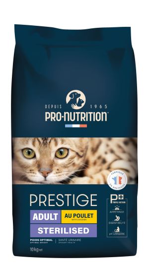 PRESTIGE CAT ADULT STERILISED С ПИЛЕ, ЗА КАСТРАТИ 10 kg - Пълноценна храна за пораснали кастрирани котки и за котки, склонни към напълняване. Произведена във Франция.