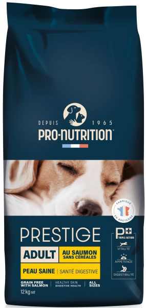 PRESTIGE DOG ADULT ALL SIZES Grain free with Salmon (Skin) 12 kg - Пълноценна храна за пораснали кучета от всички породи, БЕЗ ЗЪРНО и ГЛУТЕН, с ПРОБИОТИК, при ВЛОШЕНО КАЧЕСТВО НА ИЗПРАЖНЕНИЯТА, при МЕТЕОРИЗЪМ, много ВКУСНА ХРАНА за КАПРИЗНИ;  КОЖА; КОЗИНА