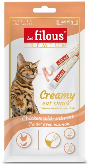 les filous® Craemy cat snack – ТЕЧНО ЛАКОМСТВО ЗА КОТКИ -  Пиле със Сьомга 4х15 г