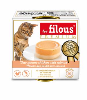 les filous® premium – ДВОЕН МУС за котки Пилешко със Сьомга с гладка текстура Без зърно, без изкуствени оцветители и овкусители.   Допълваща храна за пораснали котки.   Инструкции за хранене: до 2 опаковки дневно в добавка към пълноценната храна. Предлага